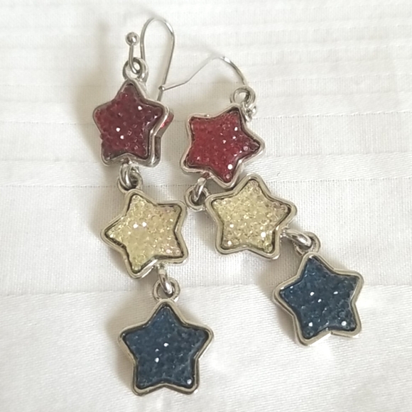 Silver Star USA America Rhinestone Earrings - Picture 2 of 3